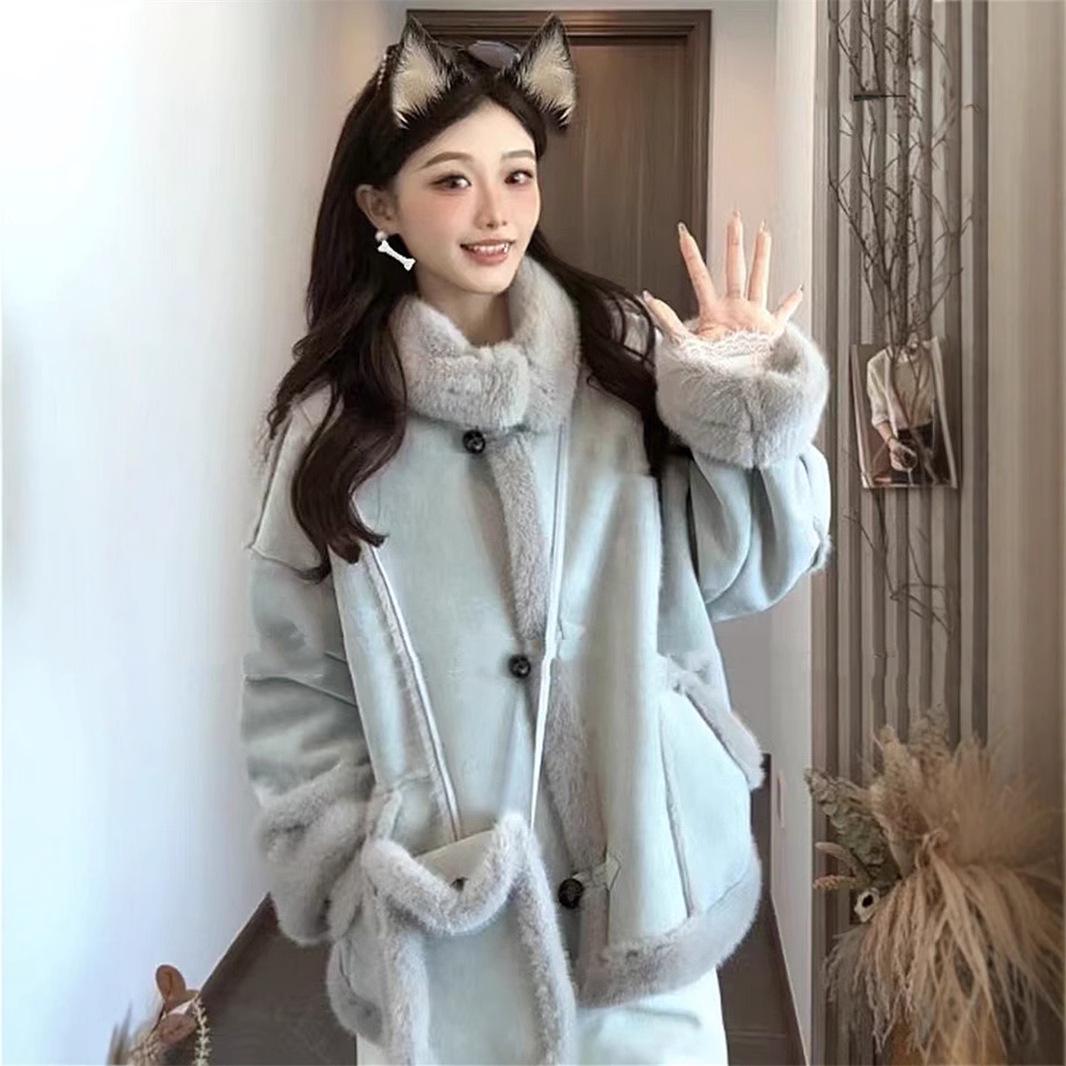 

Women s 2024 Winter Fur-Trim Leather Jacket: Warm, Versatile, Fashionable Coat with Stand-Up Collar Medium