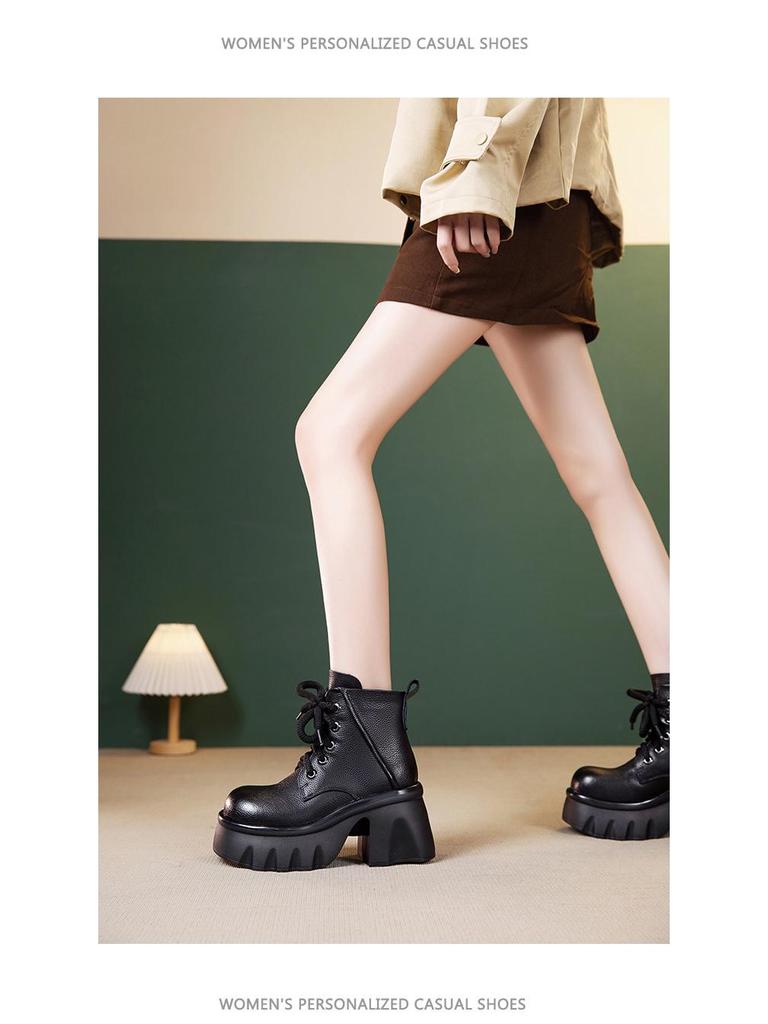 Women's Genuine Leather Martin Boots - Thick Sole, High Heel, Petite Height Boost, Versatile British Style for Autumn/Winter.