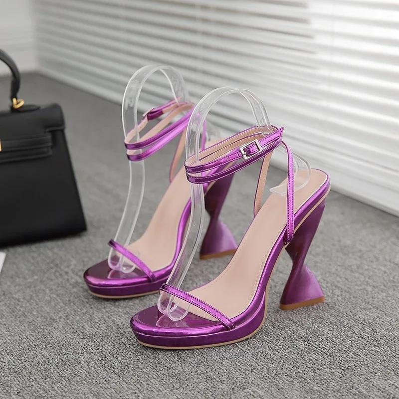 Sexy Peep Toe Narrow Band Cross Winding Buckle Strap Strange High Heels Party Weddiing Shoe Purple Gold Green Womens Sandals