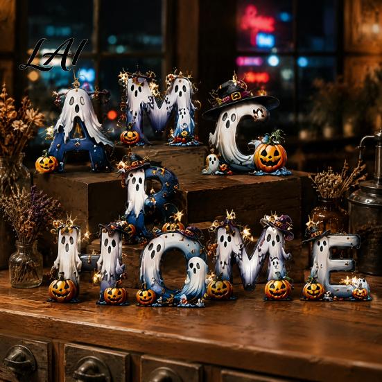 Small Wooden Alphabet Craft Sets Halloween Letter Ornament Spooky Hanging Letters Pendant with Ghost Handmade Supplies for Parties Pumpkin Witch Hat