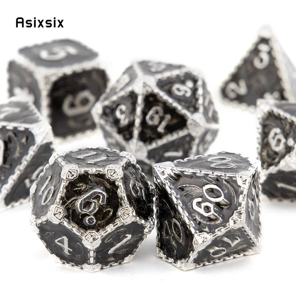 7 Pcs Black White Dragon Metal Dice Solid Metal Polyhedral Dice Set Suitable for Role-Playing RPG  Board Game Card Game