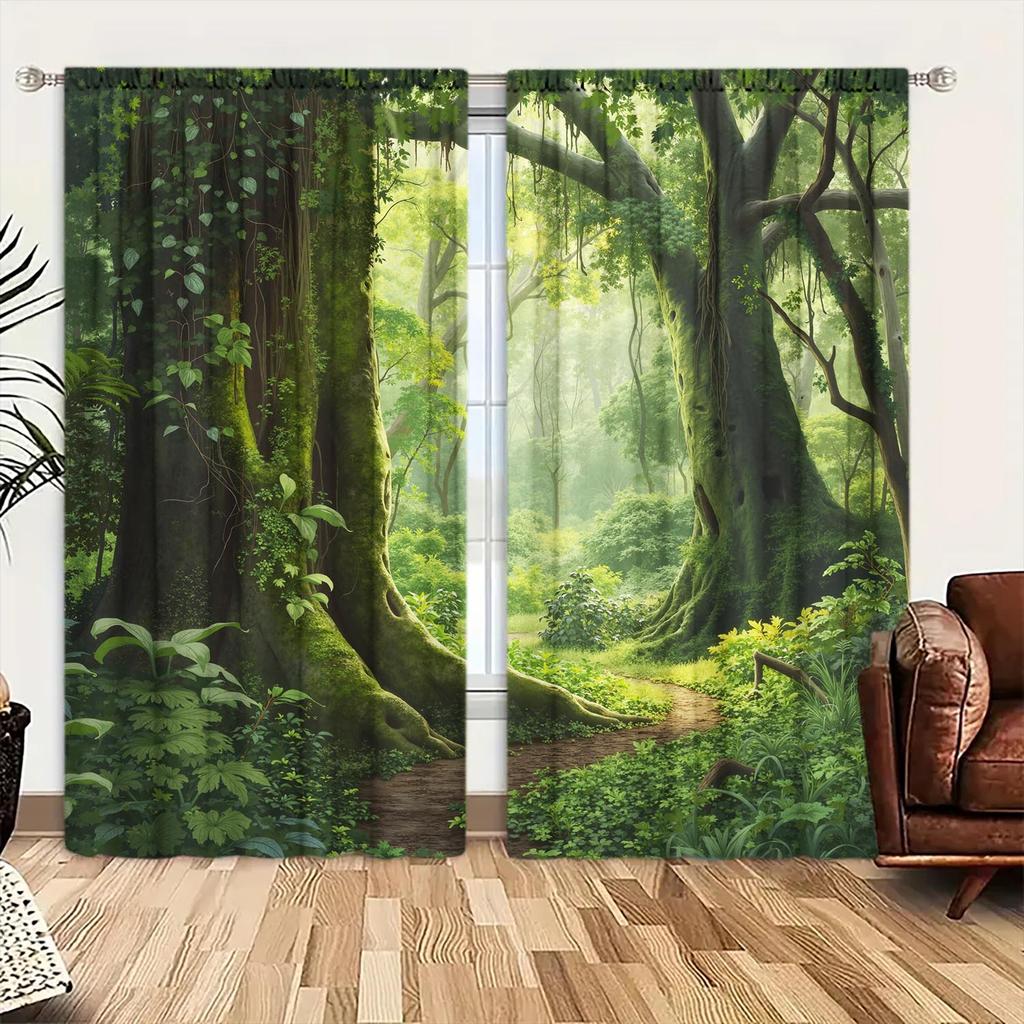 2-Panels Green Primitive Forest Nature Printed Curtains   Shade and Privacy Protection   Suitable for Decorating Various Rooms