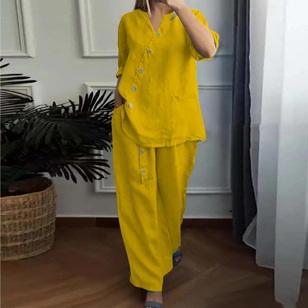 Women's Casual Cotton And Linen Set With Three Quarter Sleeves, Top And Wide Leg Pants, Two-piece Set