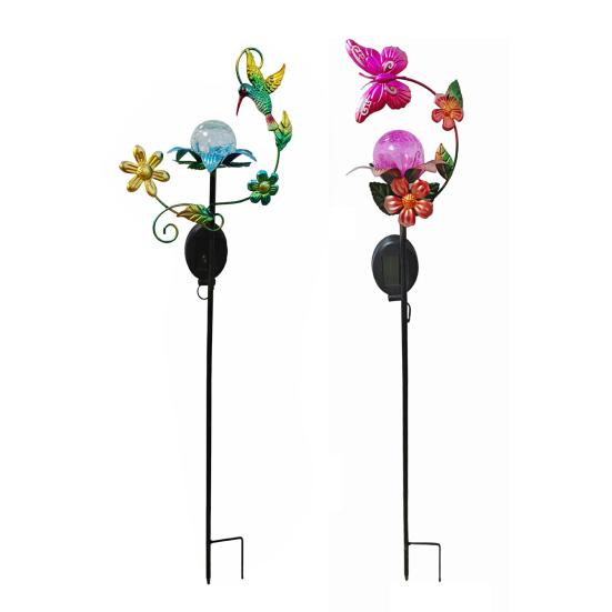 Nature Inspired Outdoor Accents Solar Glass Cracked Ball Garden Light, Butterfly Hummingbird Metal Weather Resistant Lawn Ornaments Stake Waterproof