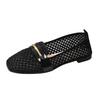Women Mesh Hollow Out Patent Leather Round Toe Ballet Flat Casual Shoes with Metal Buckle Slip On Loafers for Daily Wear