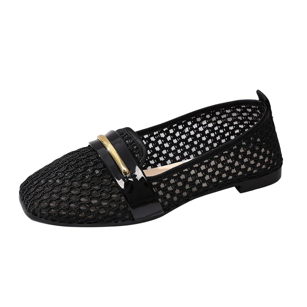 Women Mesh Hollow Out Patent Leather Round Toe Ballet Flat Casual Shoes with Metal Buckle Slip On Loafers for Daily Wear