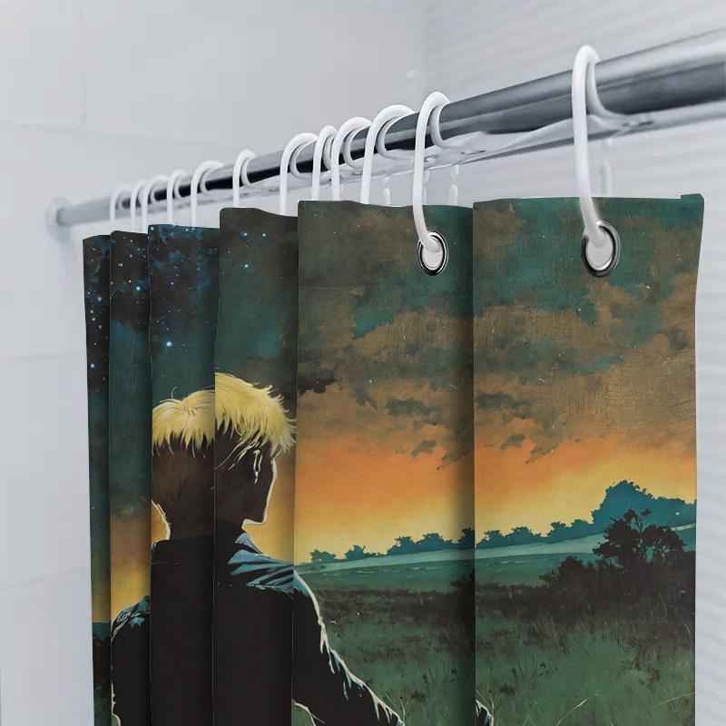 Modern Bathroom Shower Curtain Featuring A Starry Sky Landscape With A Young Man Sitting In Nature High-Quality Printing Perfect