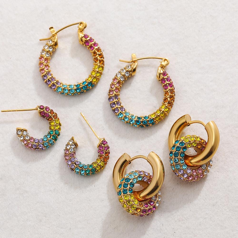 Exquisite Colorful CZ Hoop Earrings Stainless Steel with Cubic Zirconia Round Circle Ear Buckle Luxury Women Jewelry Party Gifts
