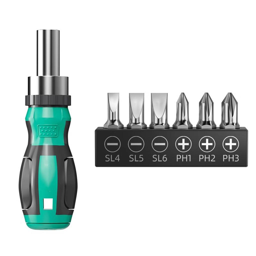 Mini Magnetic Head Ergonomic Handle Ratchet Screwdriver Set with 6 Bits and 3 Ratchet Setting for Household Repair Tools