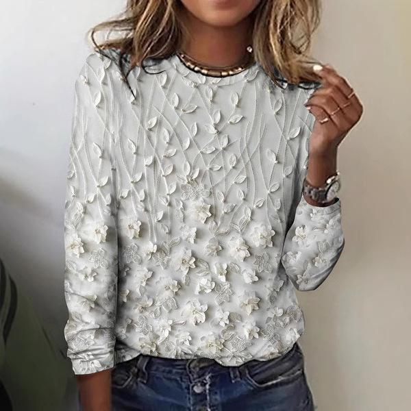 Round Neck 3D Flower Printed Top Fashionable Casual Long Sleeved Women's T-shirts