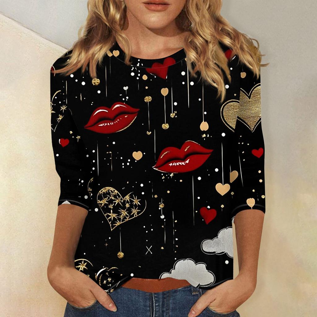 Women's Fashion Casual Round Neck Valentine's Day Love Heart Printed Three-quarter Sleeve T-shirt Top