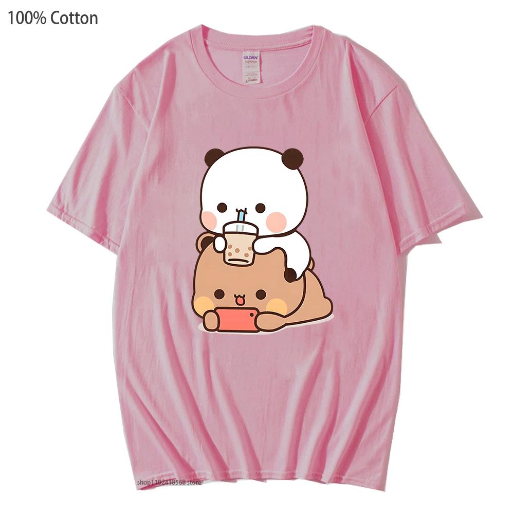Bubu Is Watching Dudu While He Playing Games T-Shirts Cute Panda Bear Cartoon Tshirts Women Funny Top Kawaii Clothes