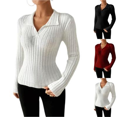Women's Fashion Casual Long-Sleeved Solid Color Slim Fit V-Neck Nibbed T-Shirt Ladies T-Shirt Tops
