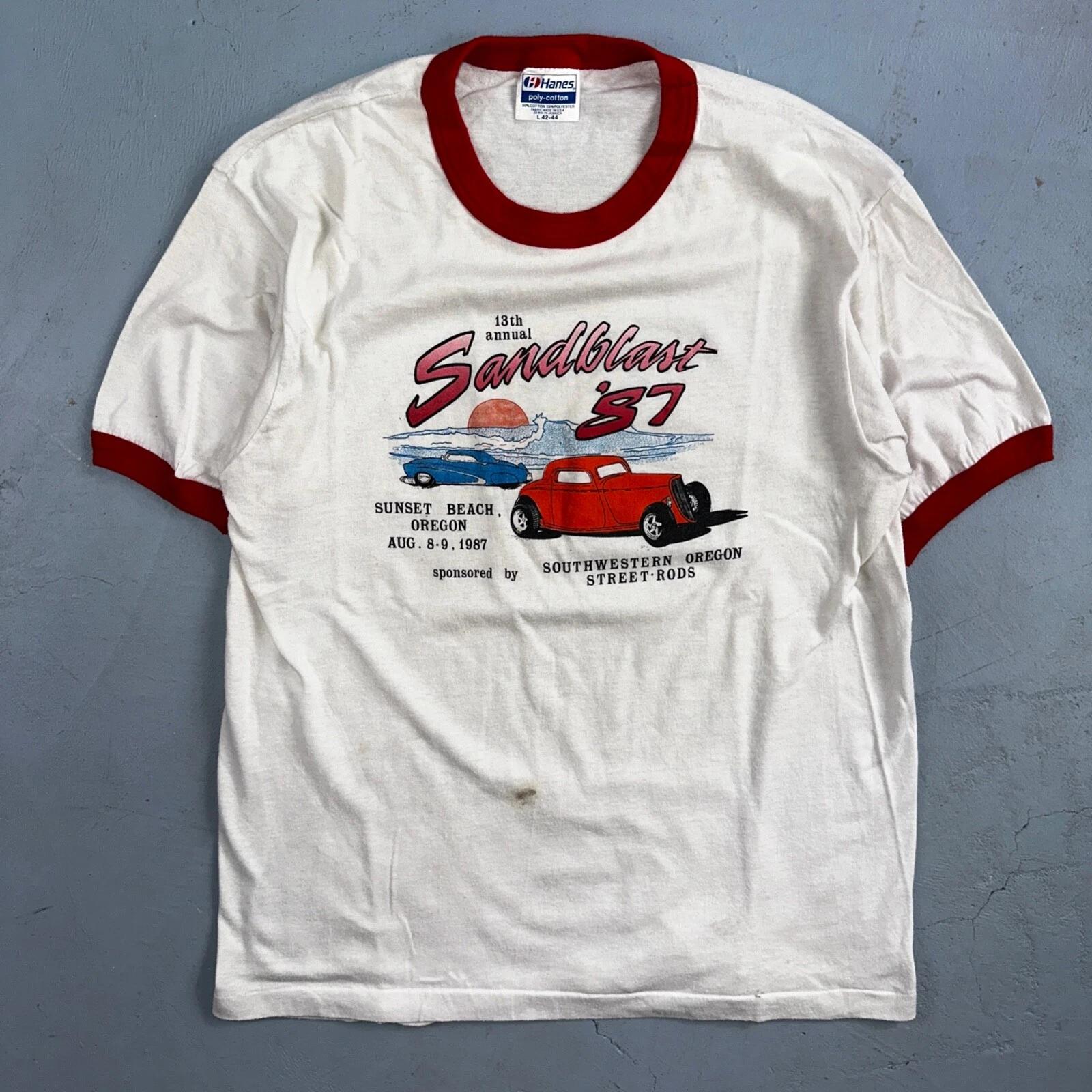 Cars Sandblast 1987 VTG T Shirt Sunset Beach Street Rods Ringer Oregon Graphic S