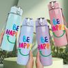 1PC Be Happy Rainbow Bright Slogan Lettering 750ml Color Plastic Sports Water Bottle Leakproof Flip Straw Lid Suitable for Sports Office Home Use