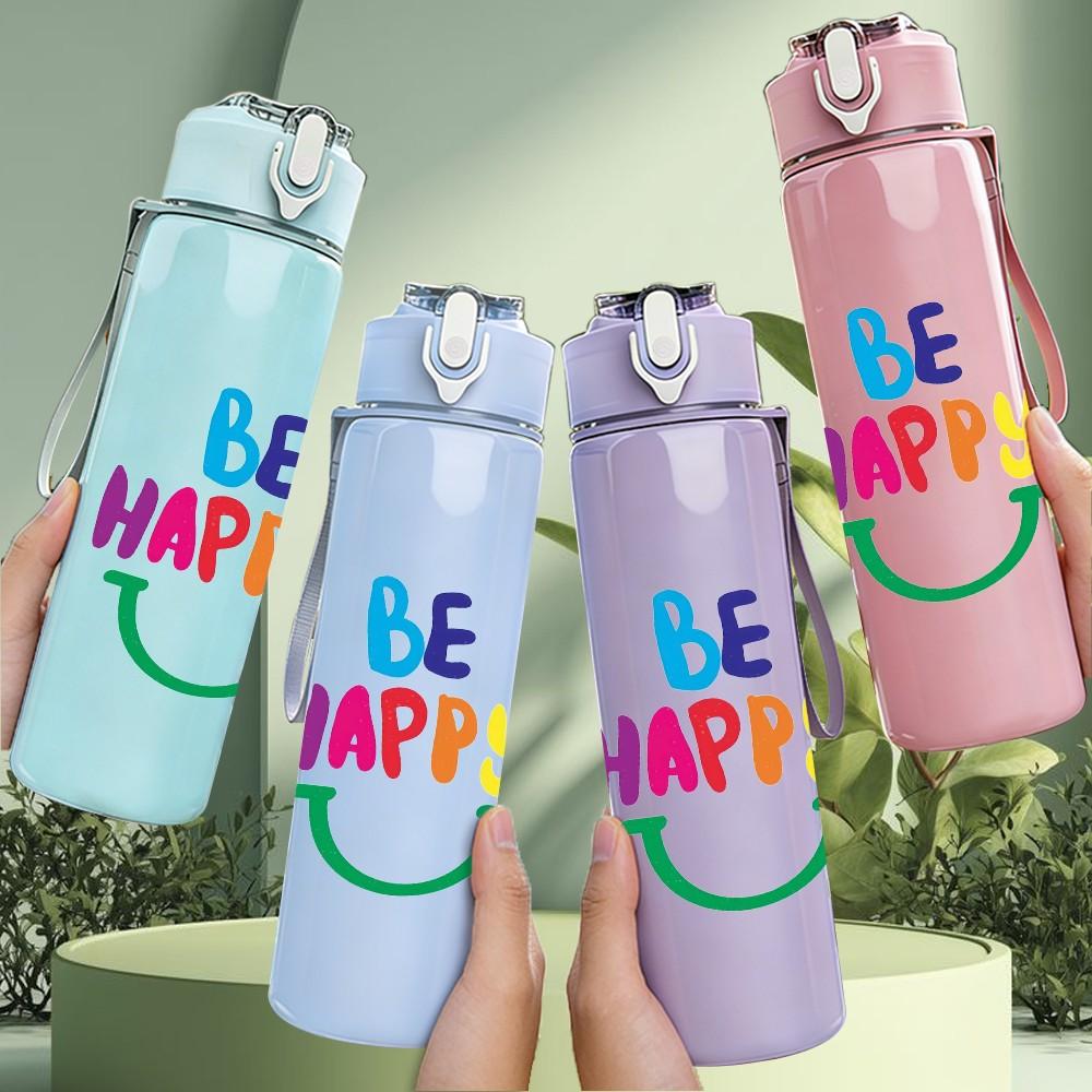 1PC Be Happy Rainbow Bright Slogan Lettering 750ml Color Plastic Sports Water Bottle Leakproof Flip Straw Lid Suitable for Sports Office Home Use