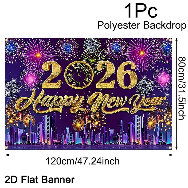 2026 Happy New Year Backdrop Banner Fireworks Black Gold New Year Celebrations Christmas Party Photo Background Decoration Gifts