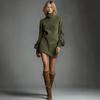 Women Suede High Neck Shift Dress Long Sleeve Loose Fit Mini Dress with Pocket