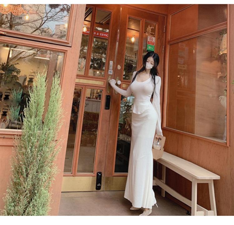 Korean Dongdaemun Low-Cut Slimming Long Sleeve T-Shirt with Curved Hem - Women's Clothing