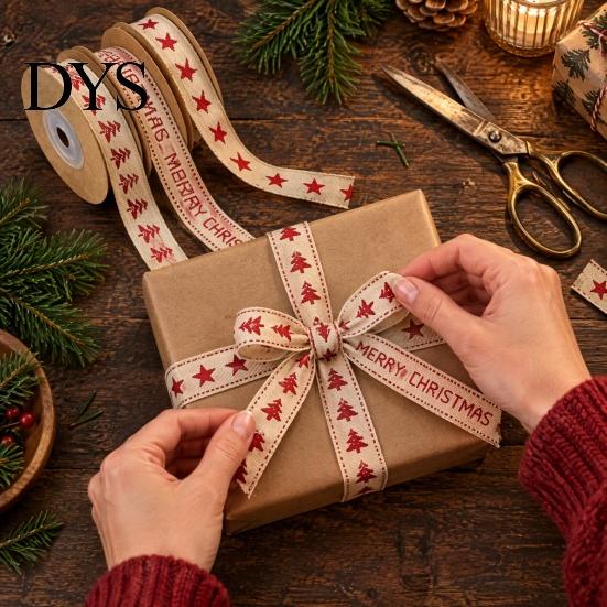 Christmas Gift Wrapping Ribbon Packaging Ribbon, Cotton And Faux Linen Decorative Fabric Roll for Holiday Red Beige Xmas Printed Wrapping, Floral