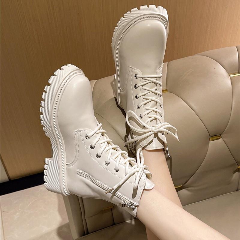 Mid-barrel Cotton Boots Winter New Round Toe Lace-up Front Side Zip Platform Non-slip Wear-resistant Block Heel Shoes