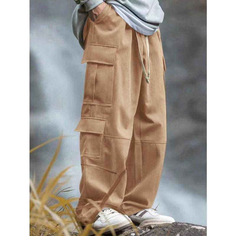 Macacão Novo de Perna Reta para Homens Splicing ao Ar Livre Design Solto Calças com Múltiplos Bolsos