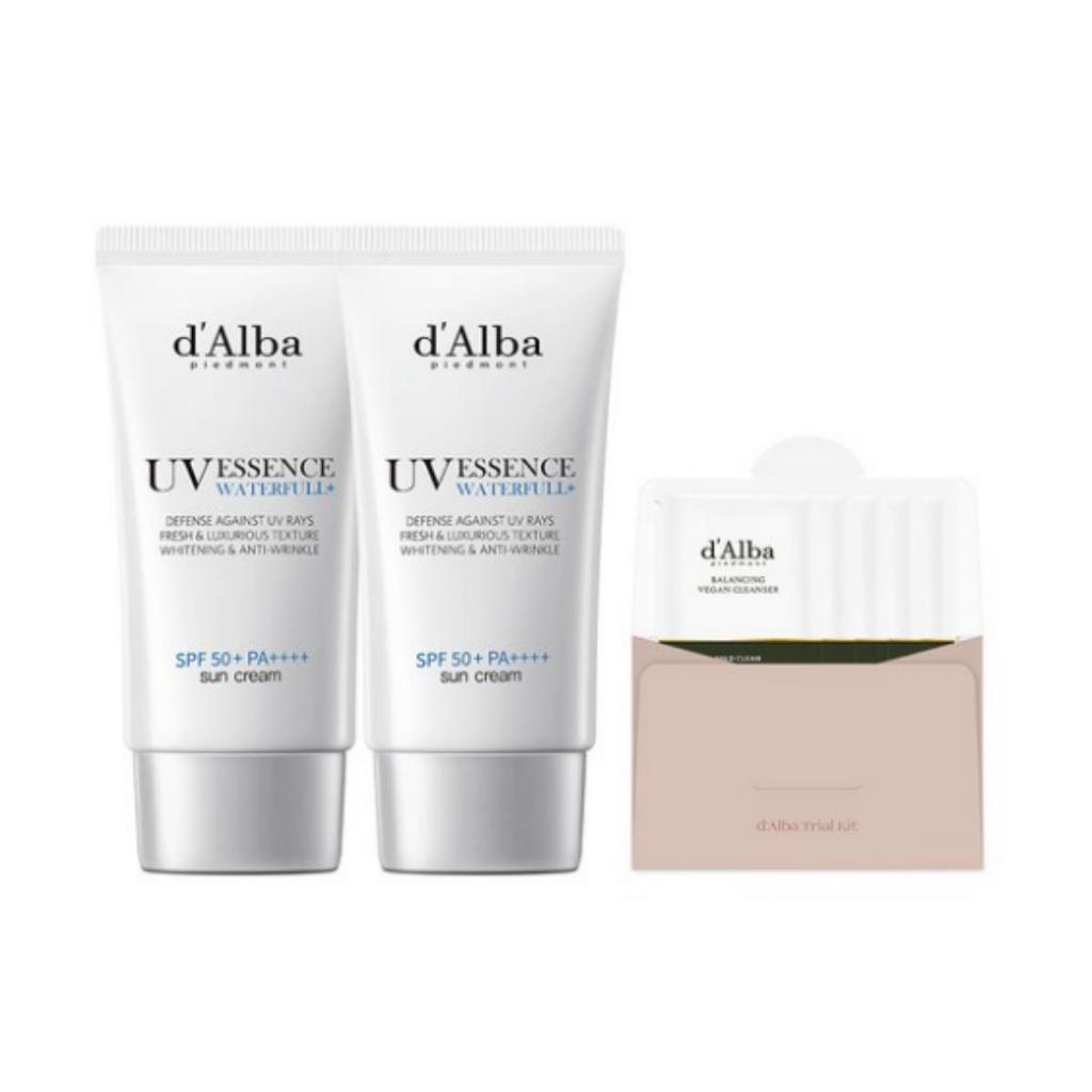 d'Alba Waterfull Essence Sun Cream SPF50+ PA++++ 50 ml × 2 + Balancing Vegan Gel Cleanser 3 ml × 5 — 1 set