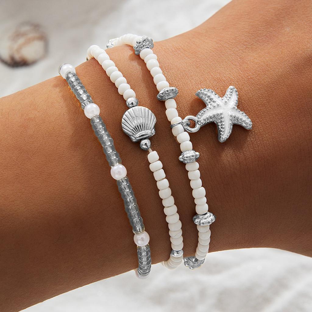 Bohemian Style Starfish Shell Anklets Muti Layer Millet Bead Anklets Chain Beach Vaction Elegant Foot Jewelry Style Accessories