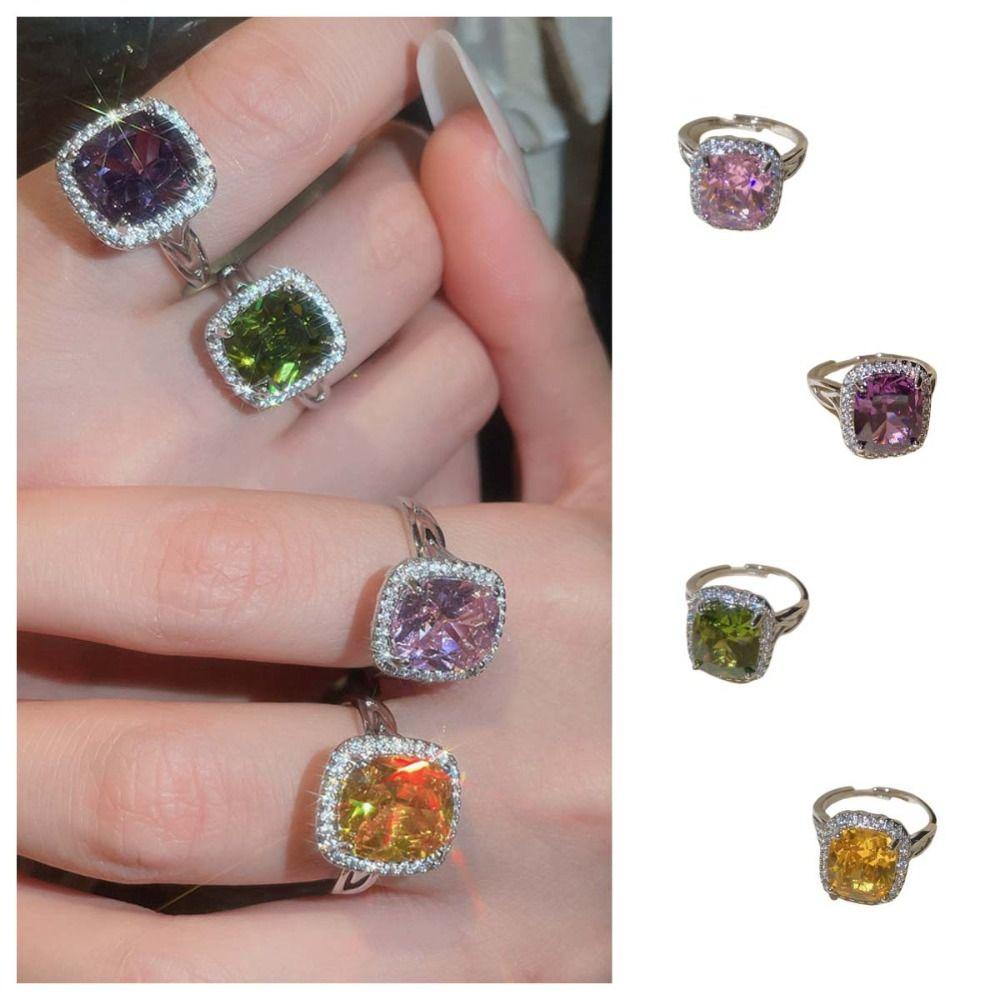 Big Square Crystal Open Ring Zircon Exaggerated Ring Flash Shiny Rhinestone Rings  Women Gift