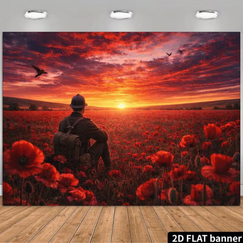 

2D Фон Поле Маков День Памяти Закат Знамя Солдата 47.2x31.5inch/120*80cm