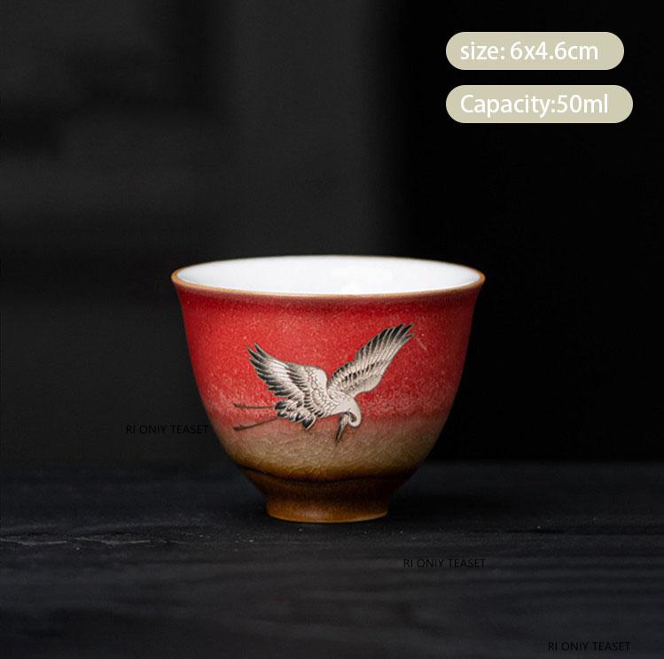 1 Pc Chinese Red Ceramic Tea Cup Coaster Handmade Flying Crane Teacup Mat Household Tea Bowl Master Cup Tea Set Accessories