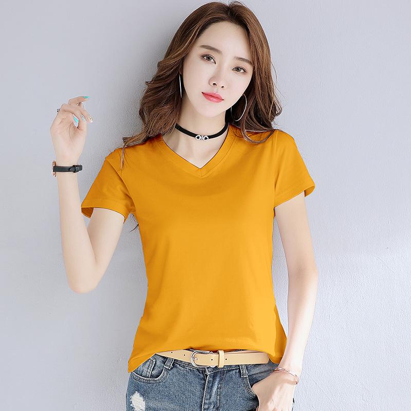 Women's Summer Pink V-Neck Pure Cotton Short Sleeve T-Shirt, Customizable with Logo.