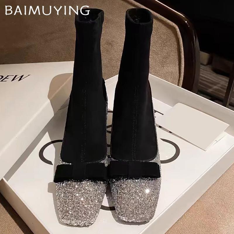 Square Toe Bling Women Snow Ankle Boots Bow Mid Heels Fad Sock Boots Suede Chunky Shoes 2024 Trend Winter Designer Botas Mujer