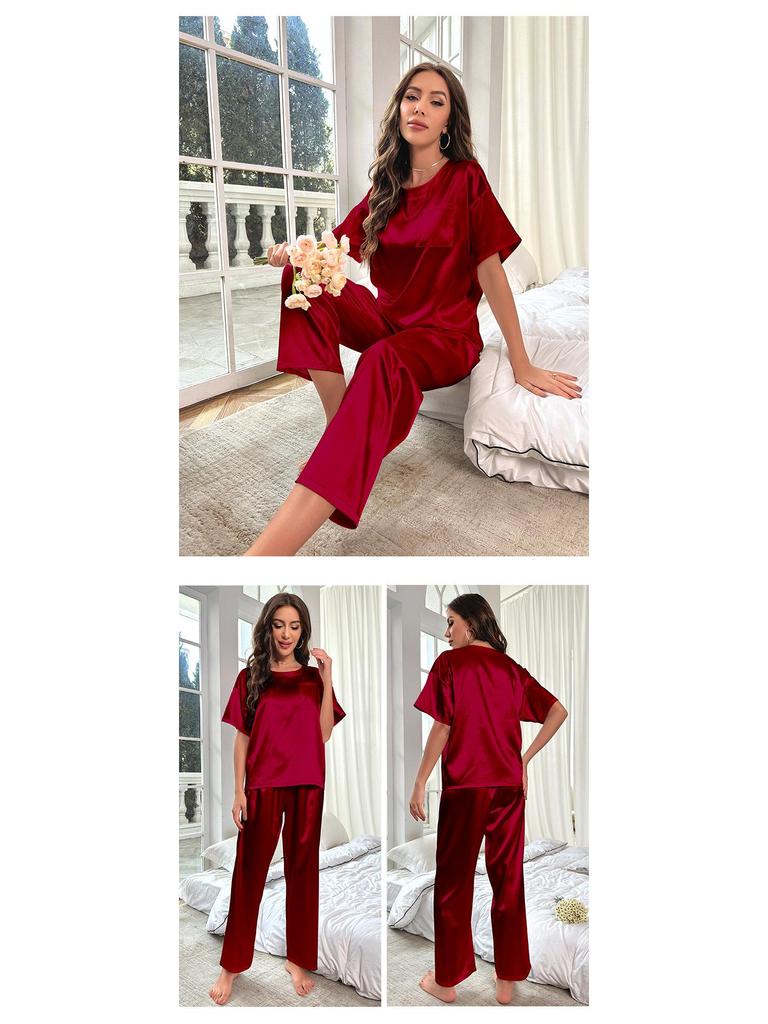 Yaoting Women's Summer Ice Silk Pajama Set - Short Sleeve Top & Long Pants, Loose Fit Casual Homewear 3147