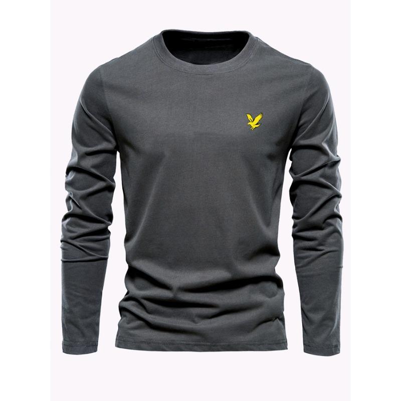 Men's 100% Pure Cotton Loose Fit Comfortable Casual Sports Eagle Pattern Printed Round Neck Long Sleeved T-shirt Top
