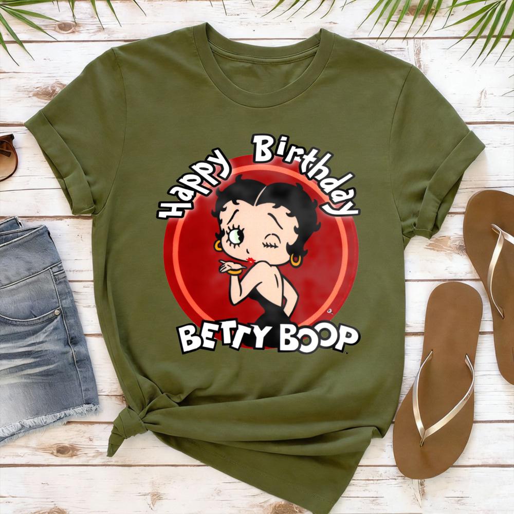Winking Betty Boop in Red Circle Happy Birthday TShirt Retro Style Women Casual Cotton Short Sleeve Betty Boop Fan Gift Shirt