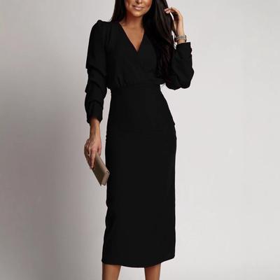 Damen Neue Herbst und Winter Einfarbig Langarm Elegante V-Ausschnitt Abend Split Kleider