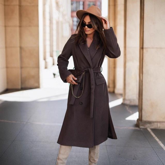 Dam 2023 Höst/Vinter Ullkappa - Långärmad, Kavajkrage, Knytförslutning