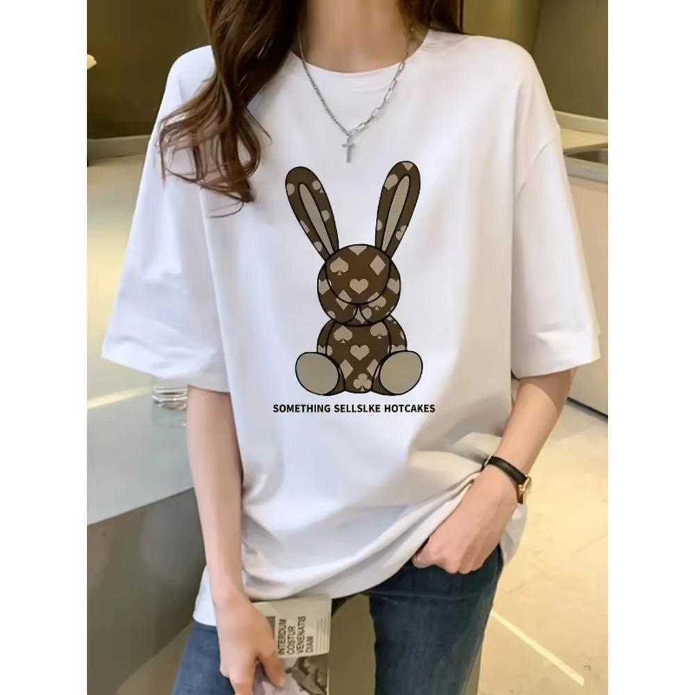 White Tshirt with Cute Rabbit Design and Heartshaped Pattern Paired with Casual Jeans Same Women Clothes S