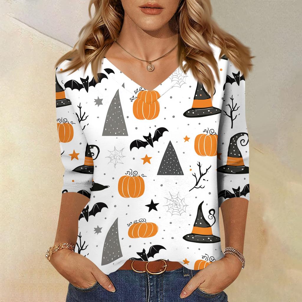 Women's Casual Halloween Print V Neck Top Three Quarter Sleeve Lightweight Blouse for Fall Seasonal Wear