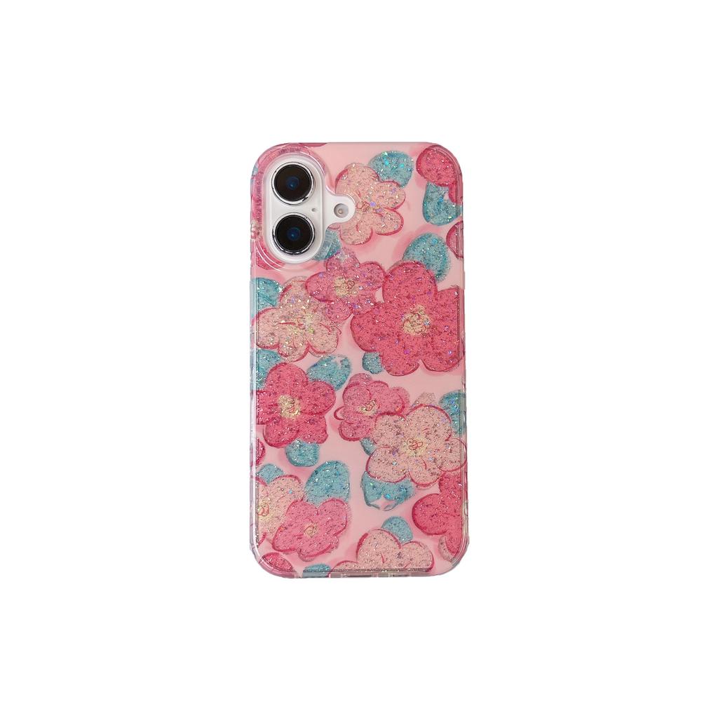Frühlings-Rosa-Blumen-Hülle für Apple 16 iPhone 17 Pro Max Neu 15/14 Doppellagiger Glitzer