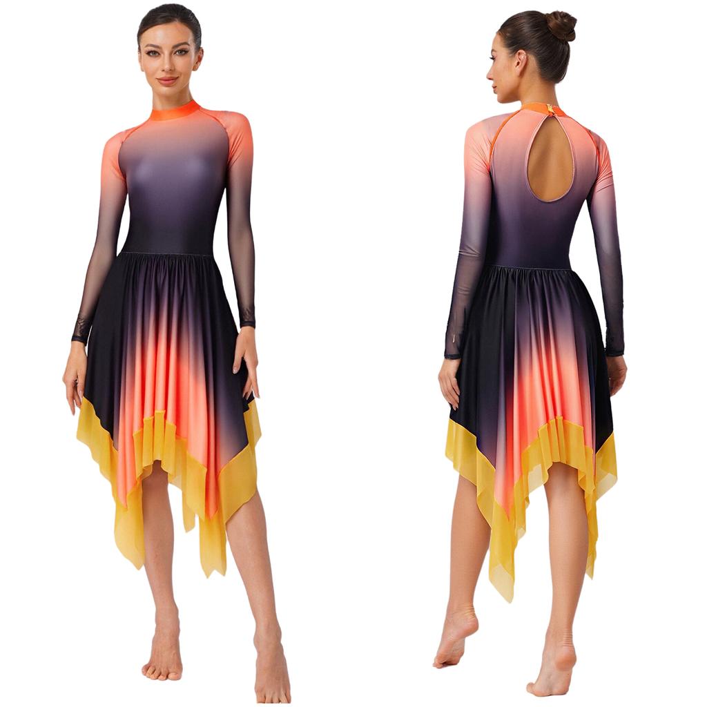 Collant de Dança Lírica com Decote Gota nas Costas e Mangas Compridas de Malha Feminino Vestido Degradê Bainha Irregular para Apresentação