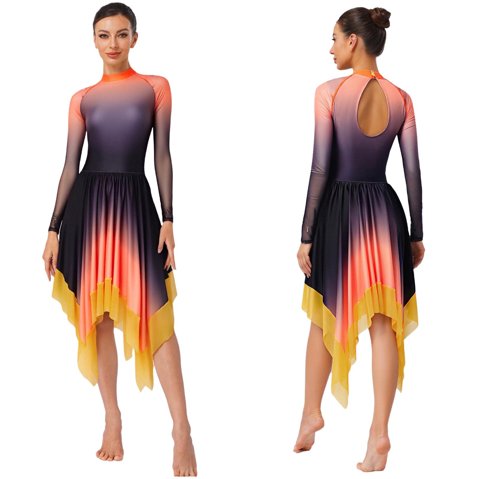 

Ліричне трико з вирізом-краплею на спині та сітчастими довгими рукавами Жіноча градієнтна сукня з нерівним подолом для виступів L помаранчевий