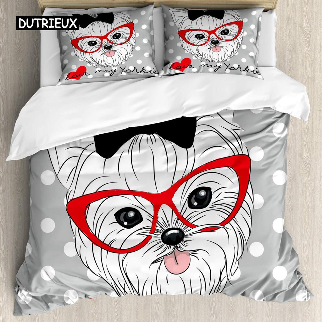 Yorkie Sada povlečení Pes se sluchátky Hudba 3dílná ložní souprava pro děti Dívky Chlapce King Size Štěněcí motiv Měkký povlak na přikrývku