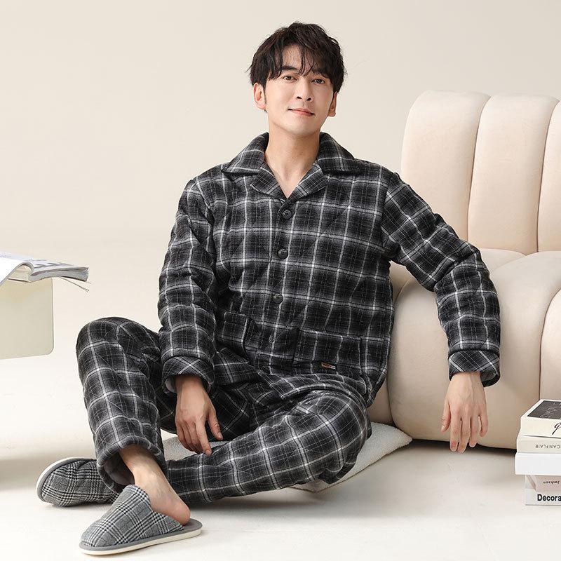 Pajamas Men'S Winter Three-Layer Thickened Velvet Pure Cotton Padded Cotton Autumn And Winter Warm Anti-Static Winter Loungewear Set