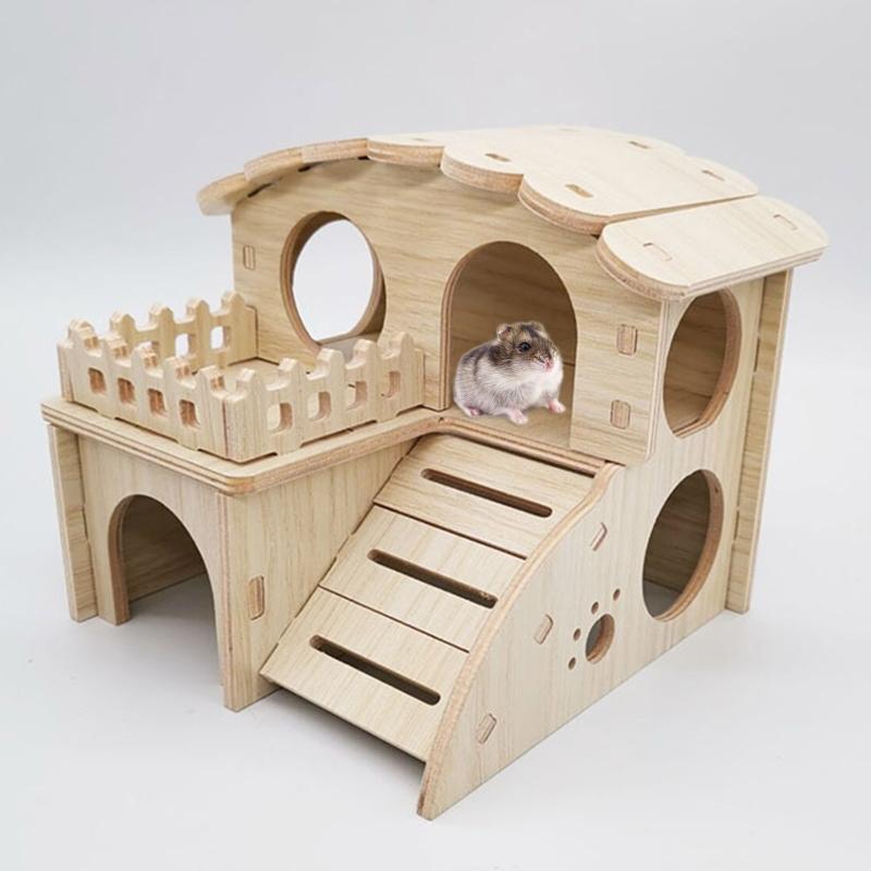 Hamster Wooden House Two Layers Cage for Play Hut Habitat Small Pets Hideout Toy for Dwarf Chinchilla Rat Hamster Hedgeh