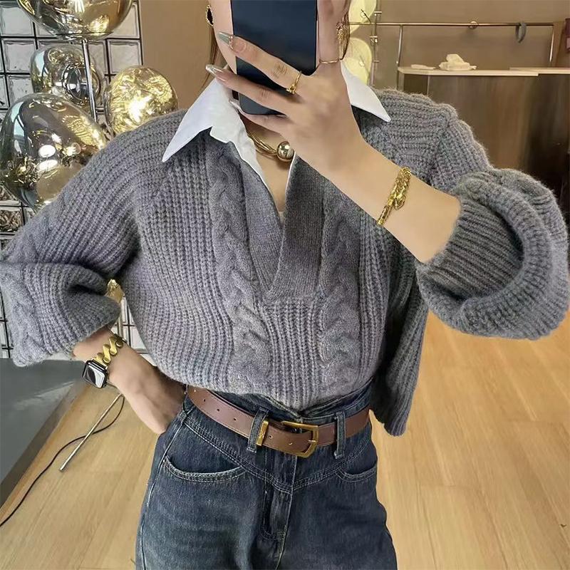 Suéter retro de mujer falso cuello polo de dos piezas top torcido de punto