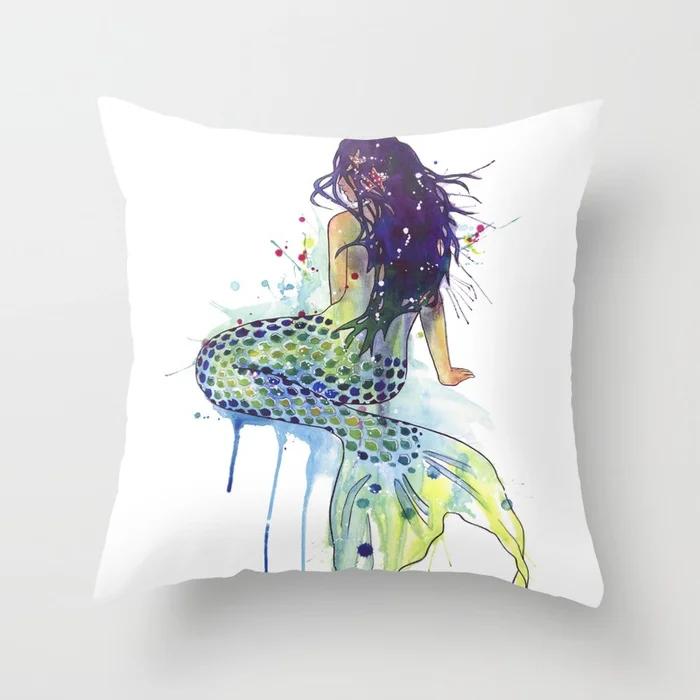 Watercolor Ocean Theme Pillowcase Starfish Octopus Mermaid Crab Cushion Cover Home Sofa Bedroom Decoration  Ornament