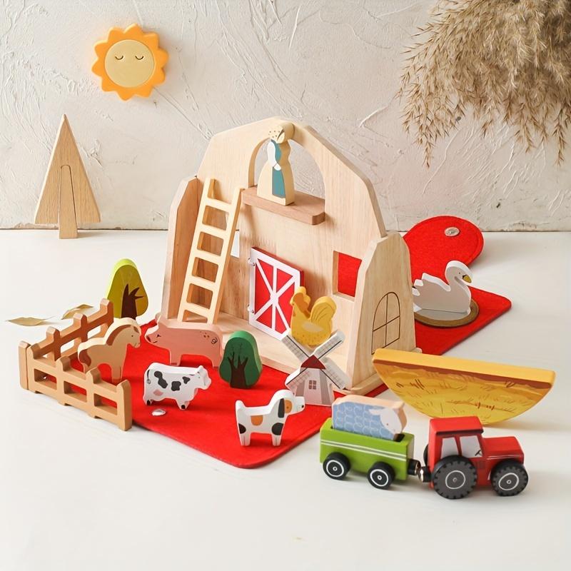 Early Education Cognitive Animal Barn Toys,Baby Educational Play House Farm Ornaments,Interesting Stacking Toys, Wooden Building Blocks Stacking