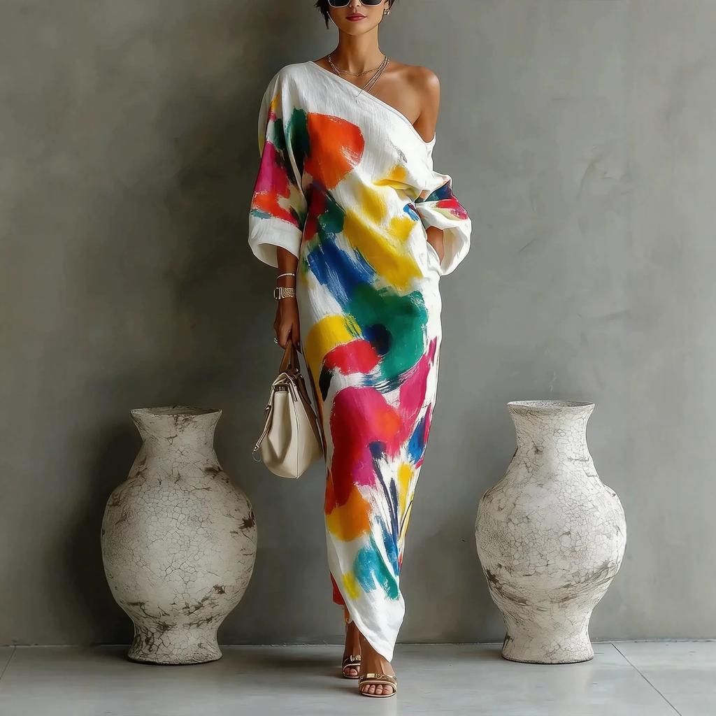 Women's One Shoulder Midi Dress Color Block Graffiti Print Three Quarter Sleeve Casual Street Style Long Dress